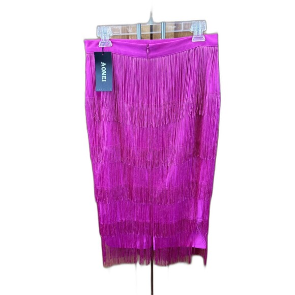 Aomei Women L Tiered Fringe High Waist Pencil Skirt Pink Cha-Cha Skirt New Zip - Picture 7 of 15